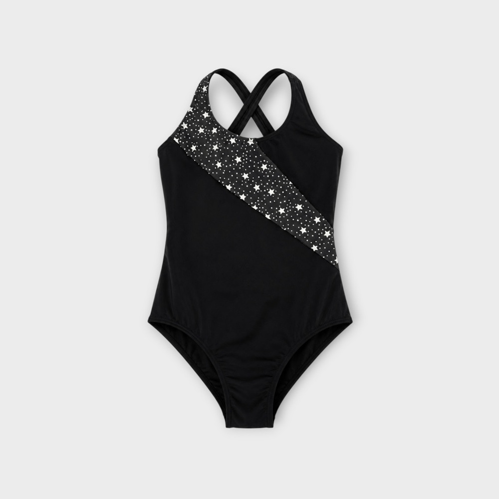 Girls' Black One-Piece Swimsuit with Star Diagonal Accent